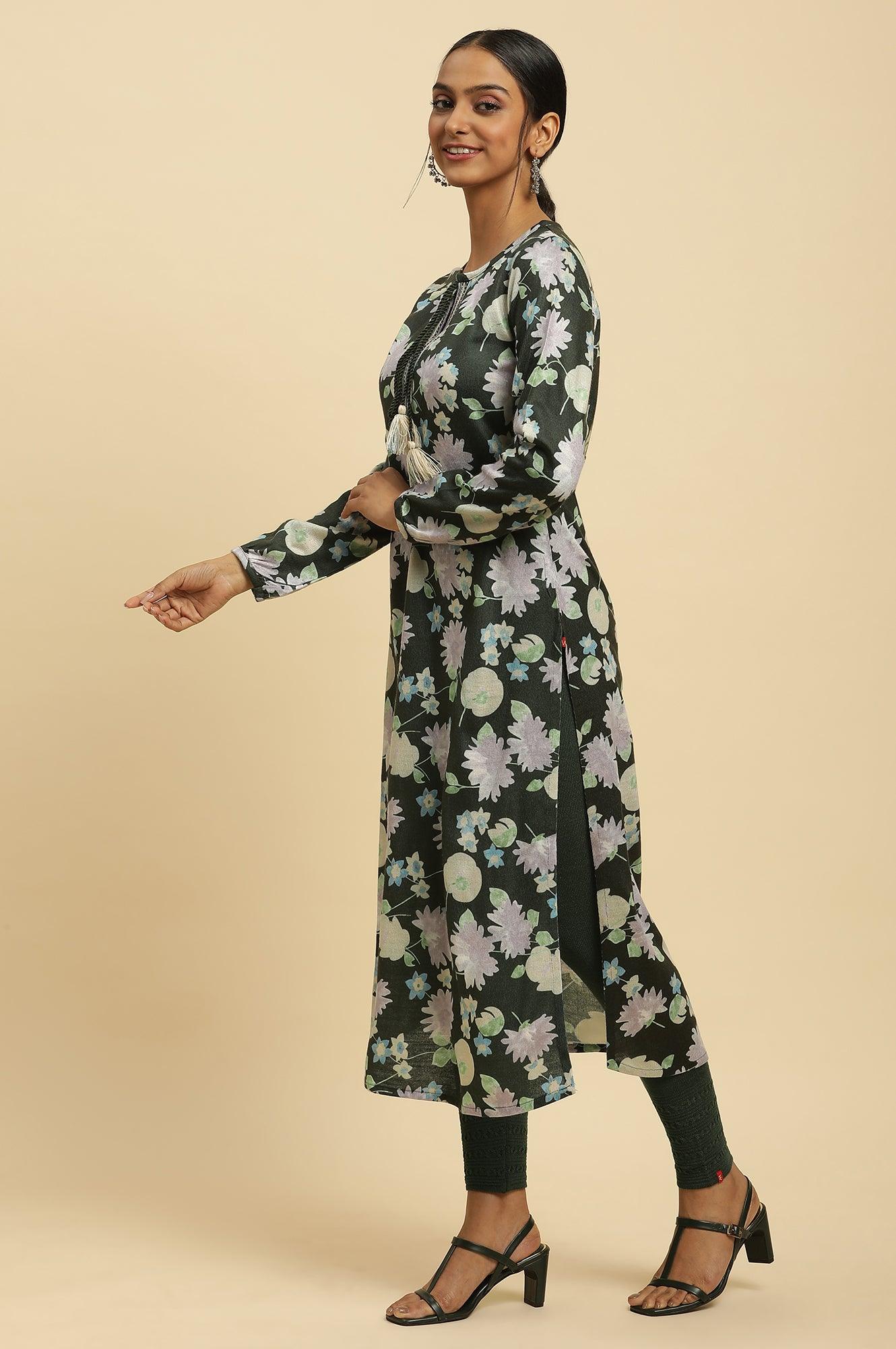 Green Floral Printed Winter Kurta And Tights Set - wforwoman