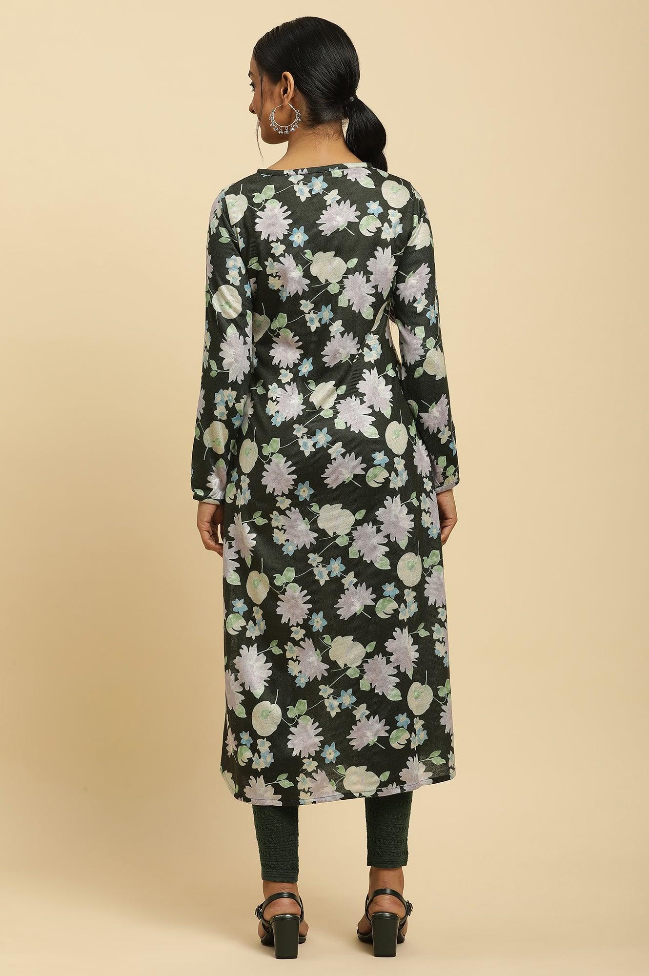 Green Floral Printed Winter Kurta And Tights Set - wforwoman