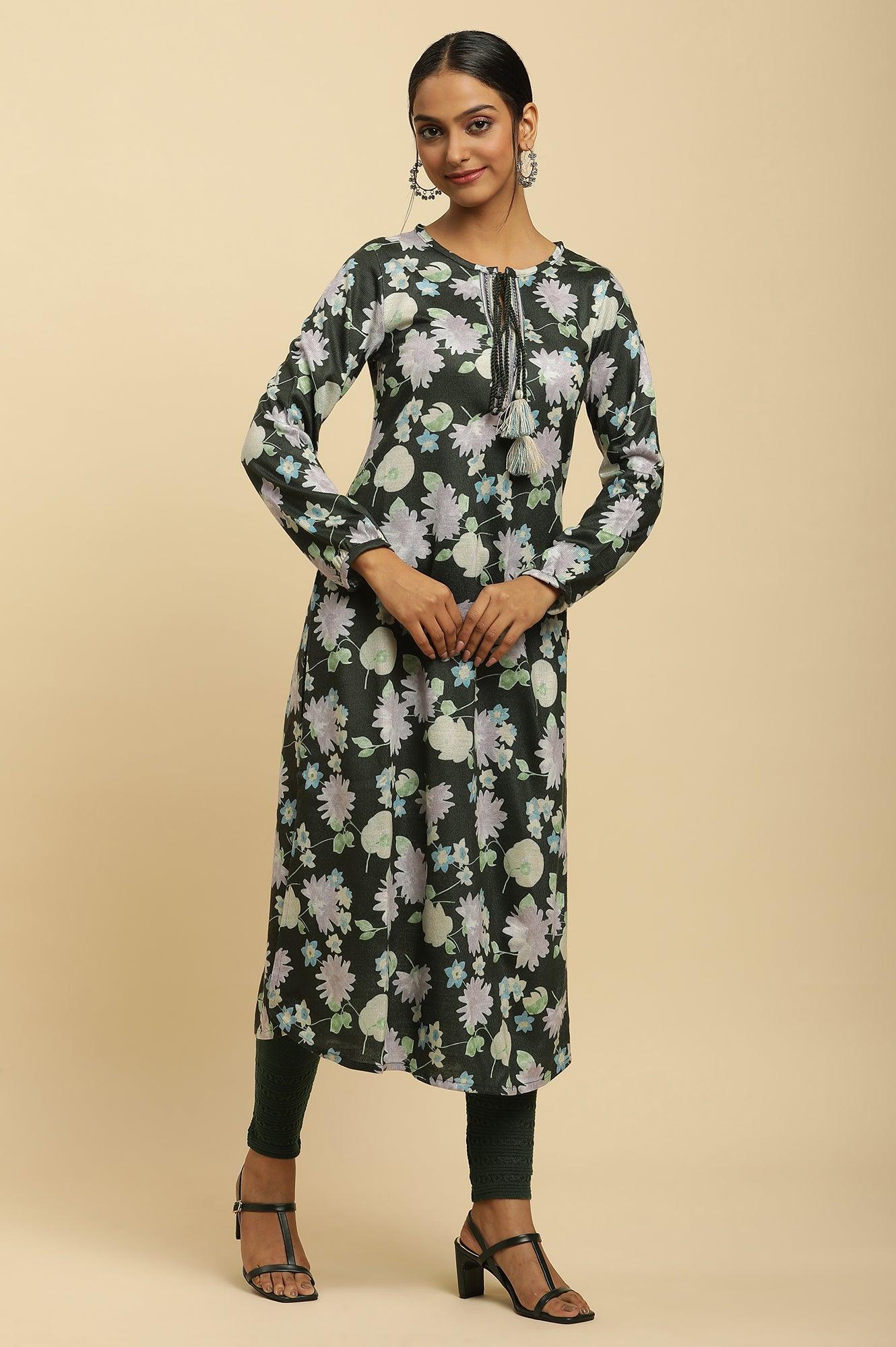 Green Floral Printed Winter Kurta And Tights Set - wforwoman