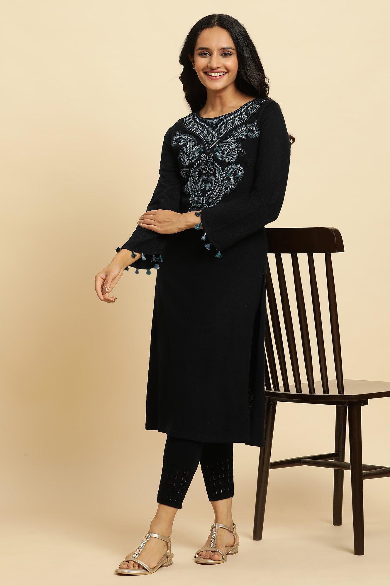 Navy Embroidered Winter Kurta And Tights Set - wforwoman