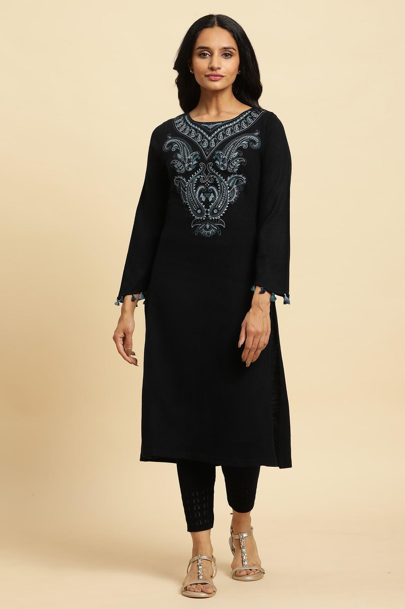 Navy Embroidered Winter Kurta And Tights Set - wforwoman