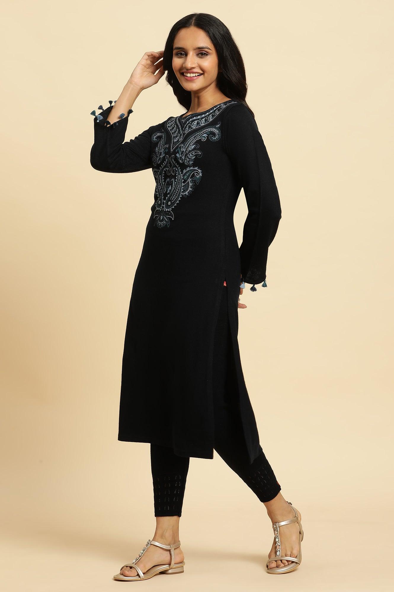 Navy Embroidered Winter Kurta And Tights Set - wforwoman