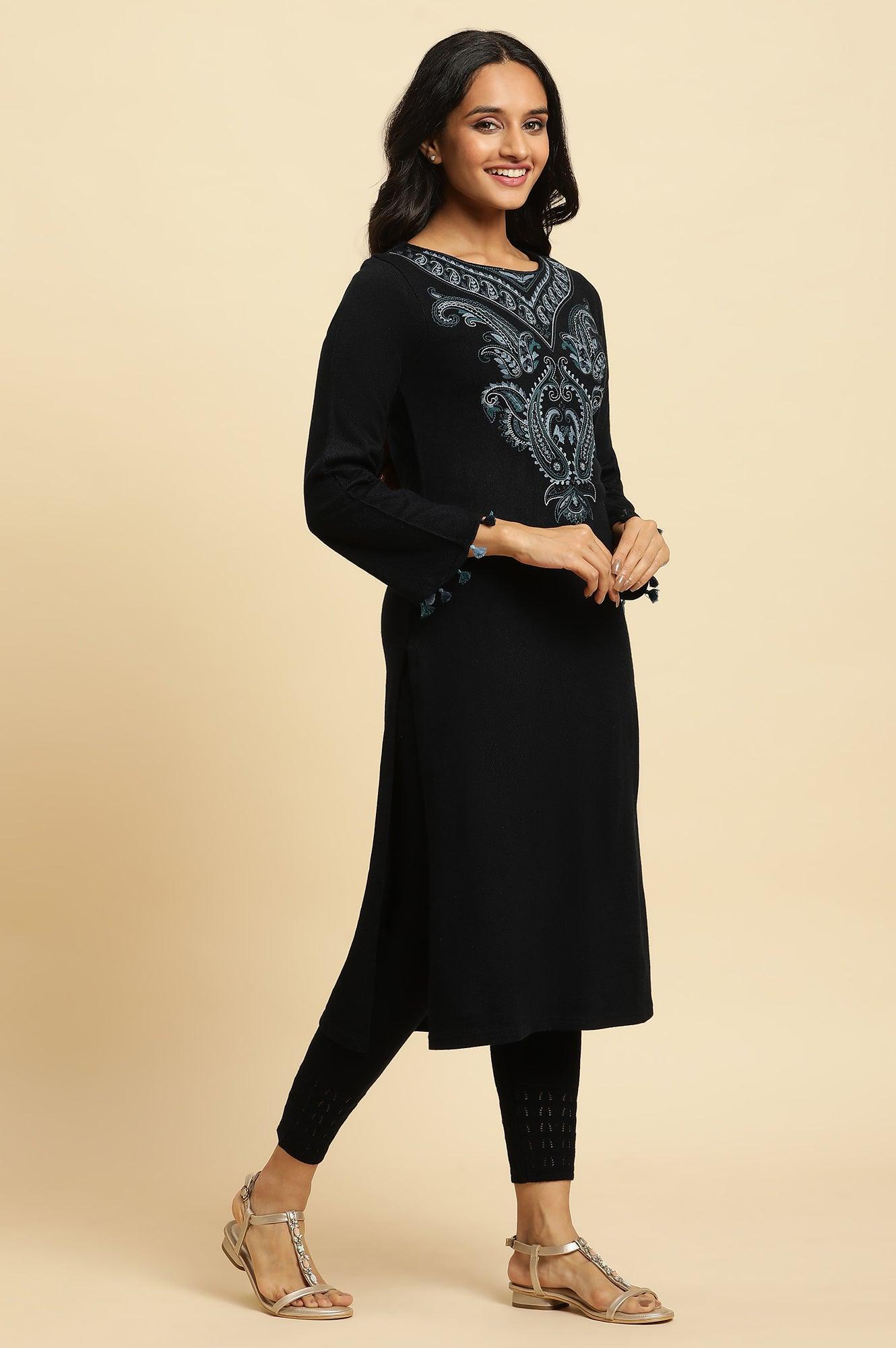 Navy Embroidered Winter Kurta And Tights Set - wforwoman