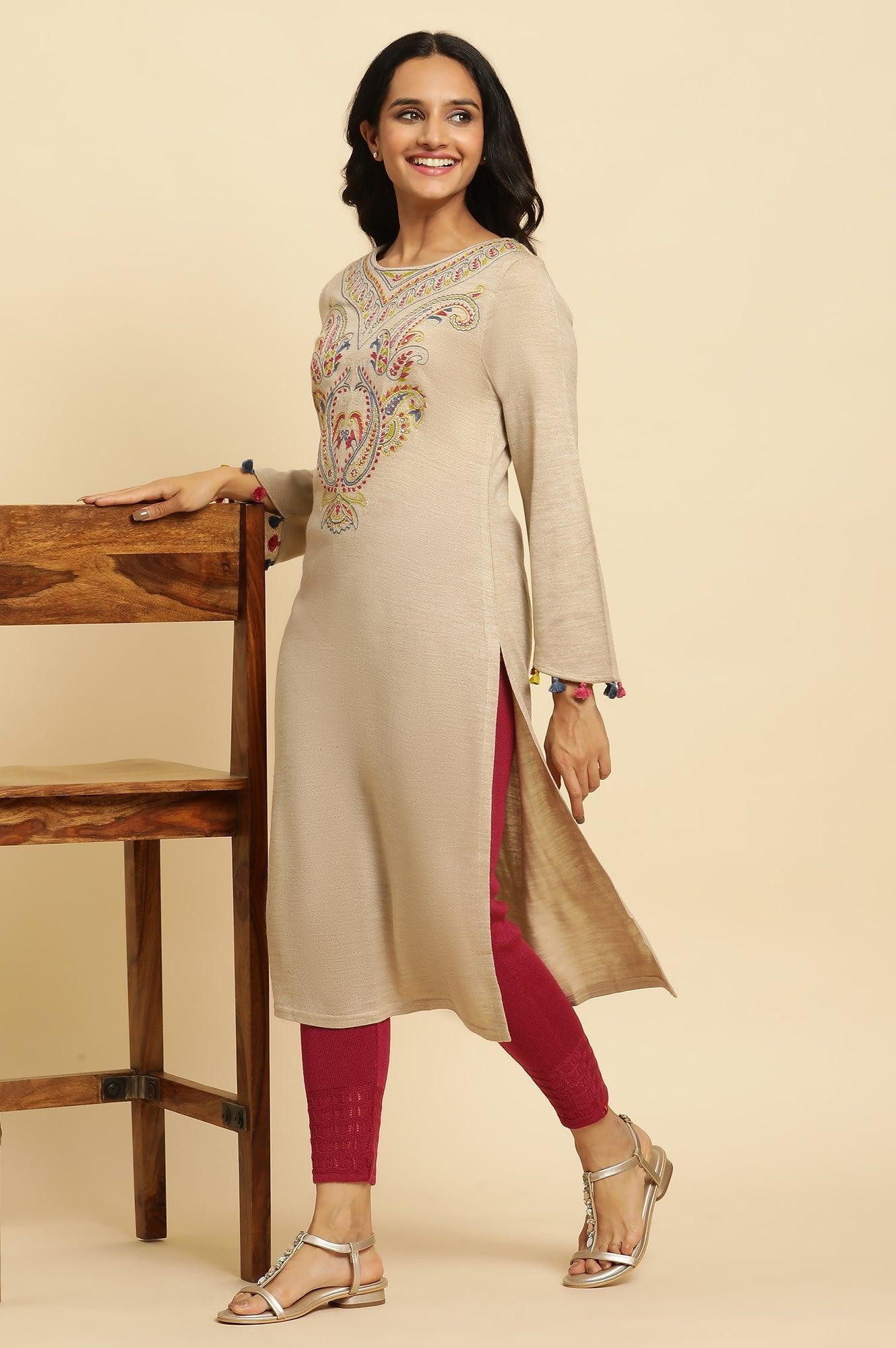 Beige Embroidered Winter Kurta And Tights Set - wforwoman