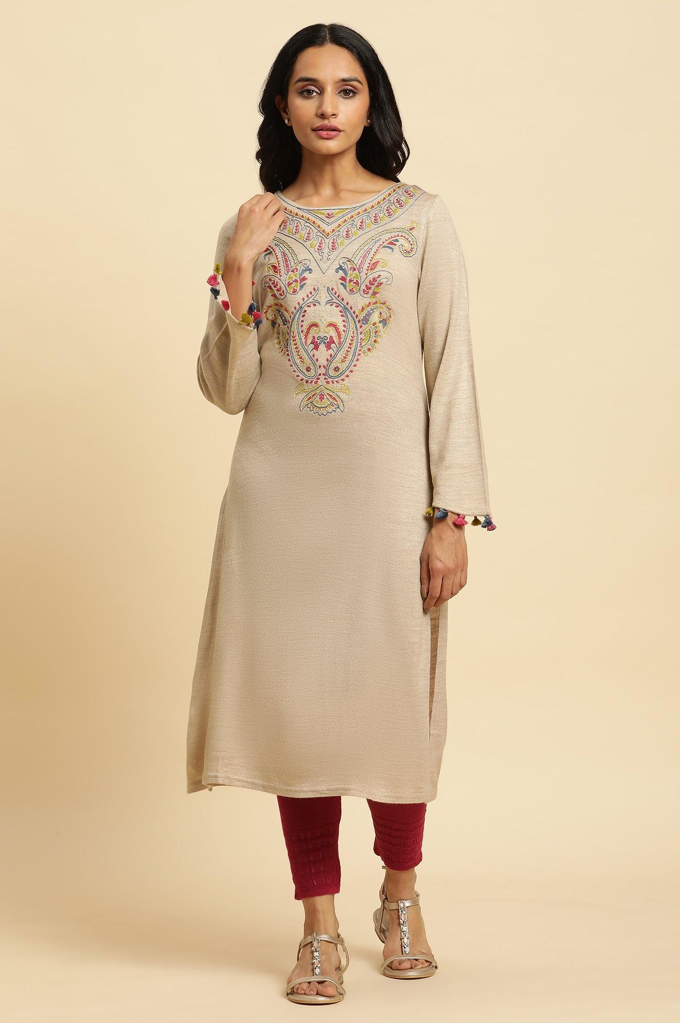 Beige Embroidered Winter Kurta And Tights Set - wforwoman