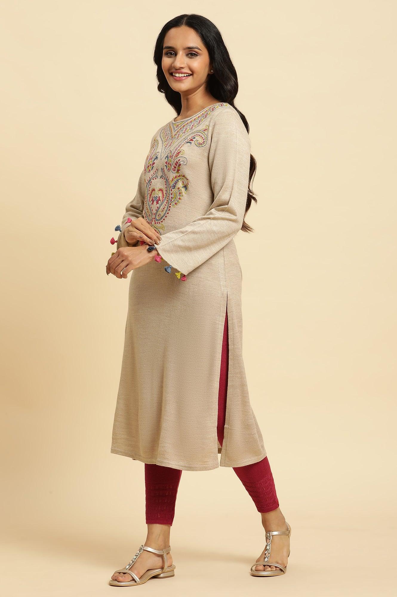 Beige Embroidered Winter Kurta And Tights Set - wforwoman