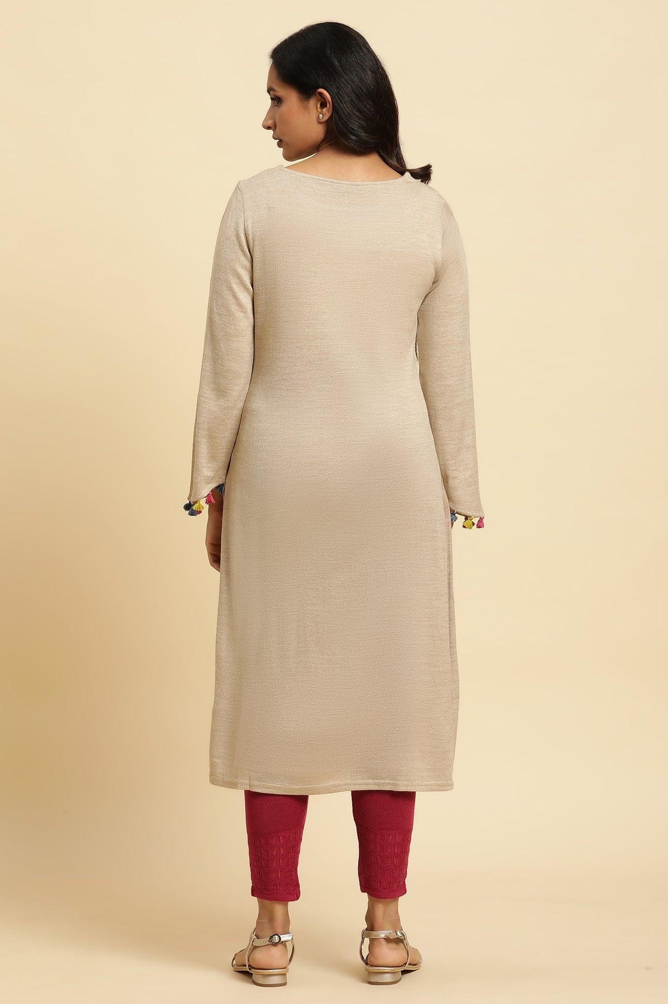 Beige Embroidered Winter Kurta And Tights Set - wforwoman