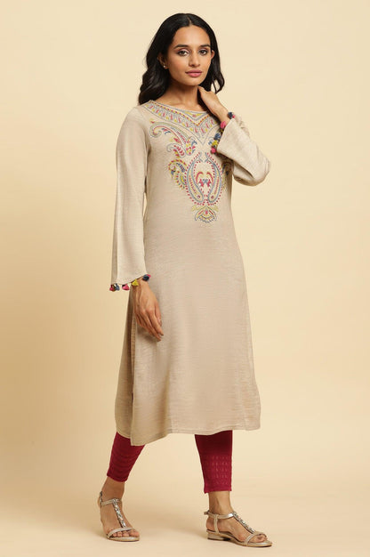 Beige Embroidered Winter Kurta And Tights Set - wforwoman