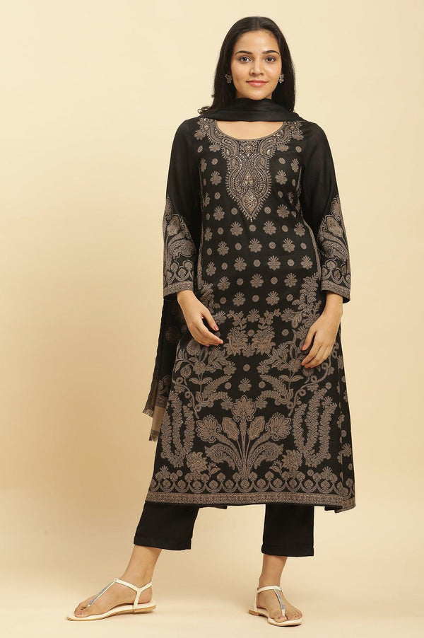Black Jacquard Winter Kurta, Pants And Dupatta Set