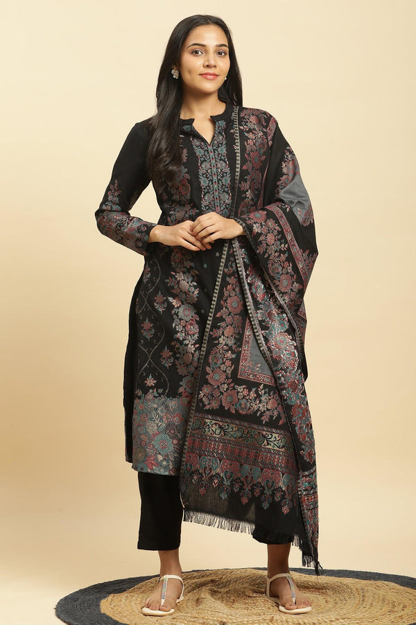 Black Paisley Yoke Gold Zari Acrylic Blend Straight Kurta, Pants and Jacquard Shawl Set