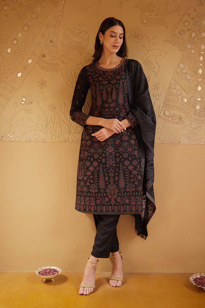 Black Printed Acrylic Kurta, Pants And Shawl Set