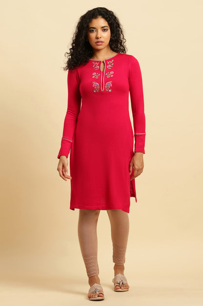 Pink Embroidered Winter Kurta And Tights Set