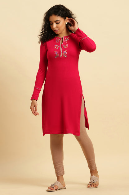 Pink Embroidered Winter Kurta And Tights Set