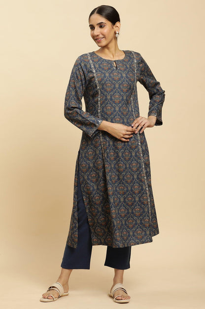 Royal Blue Printed Acrylic Kurta And Pants Set - wforwoman