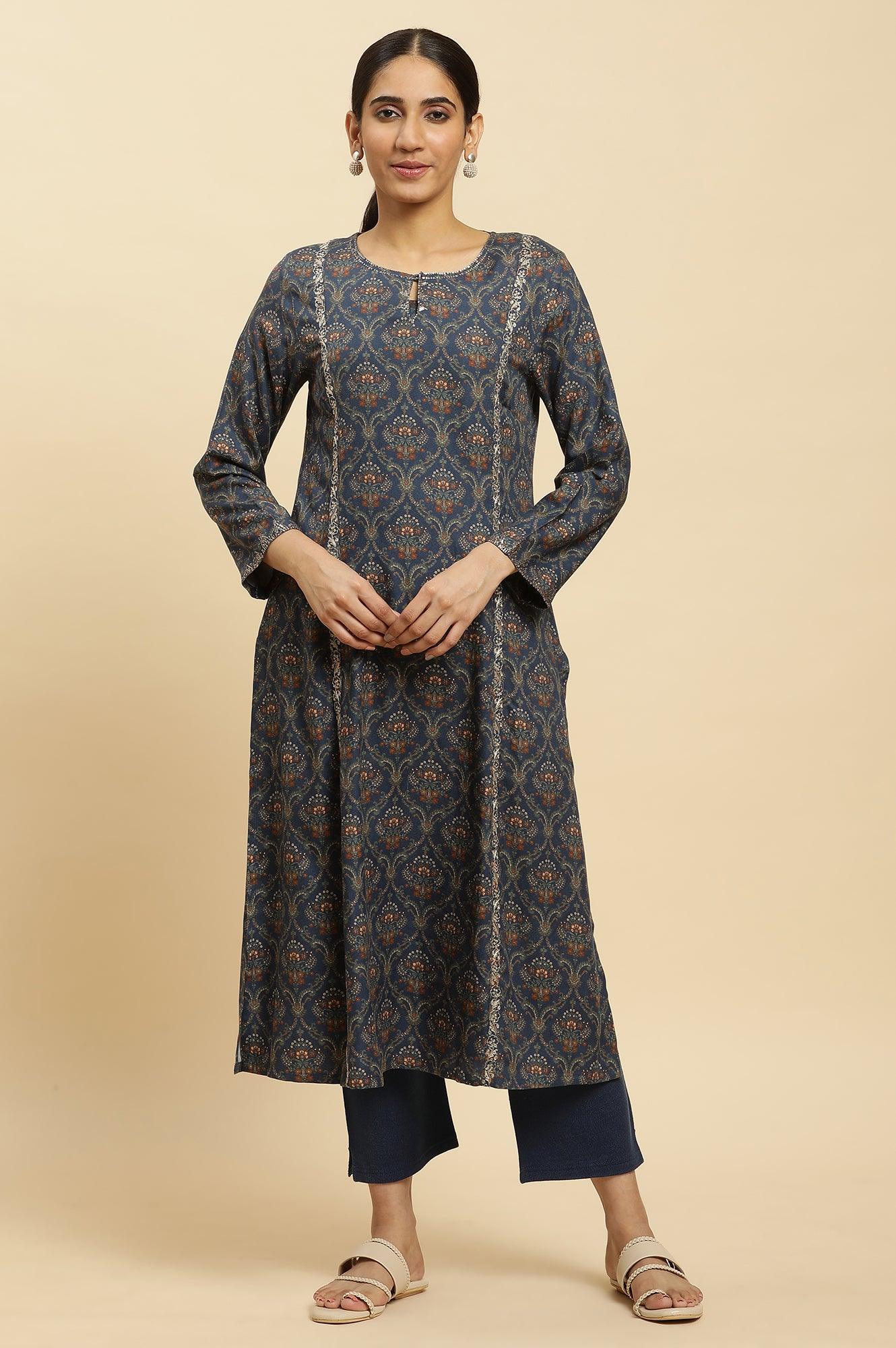 Royal Blue Printed Acrylic Kurta And Pants Set - wforwoman