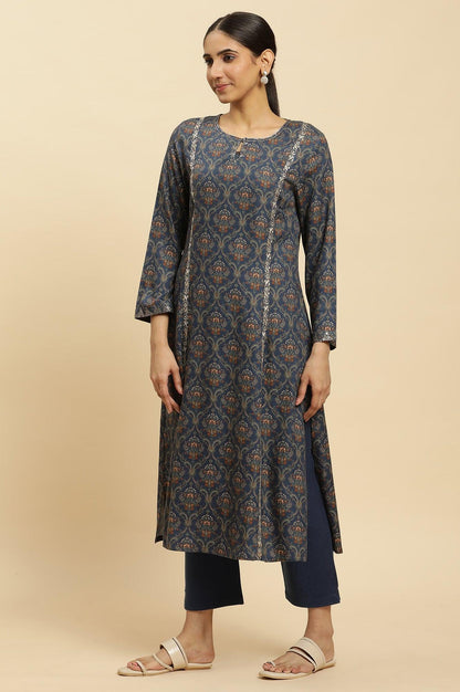 Royal Blue Printed Acrylic Kurta And Pants Set - wforwoman