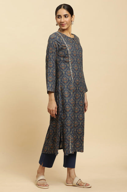 Royal Blue Printed Acrylic Kurta And Pants Set - wforwoman