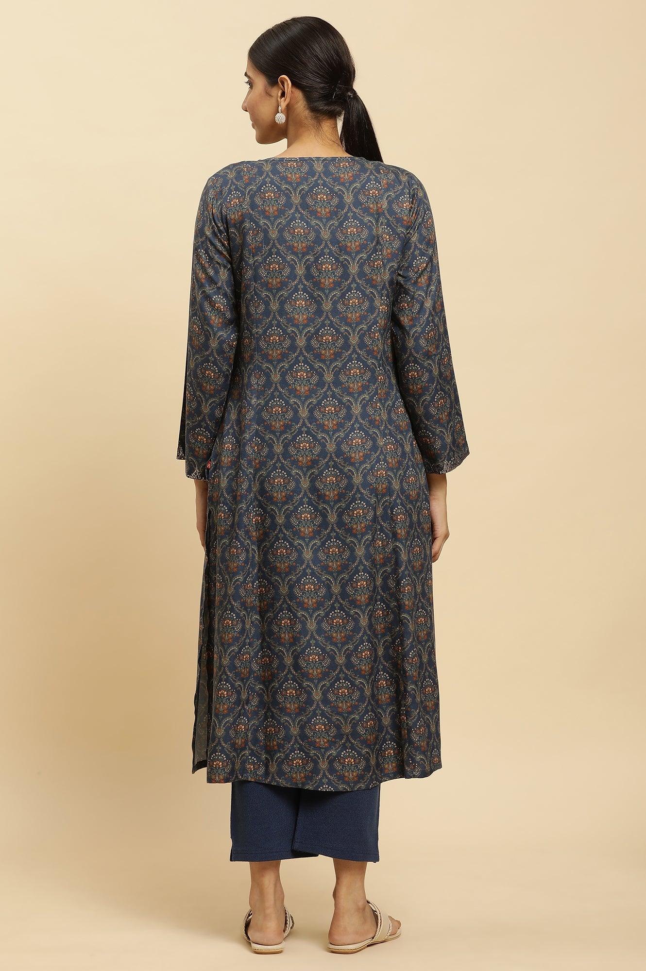 Royal Blue Printed Acrylic Kurta And Pants Set - wforwoman