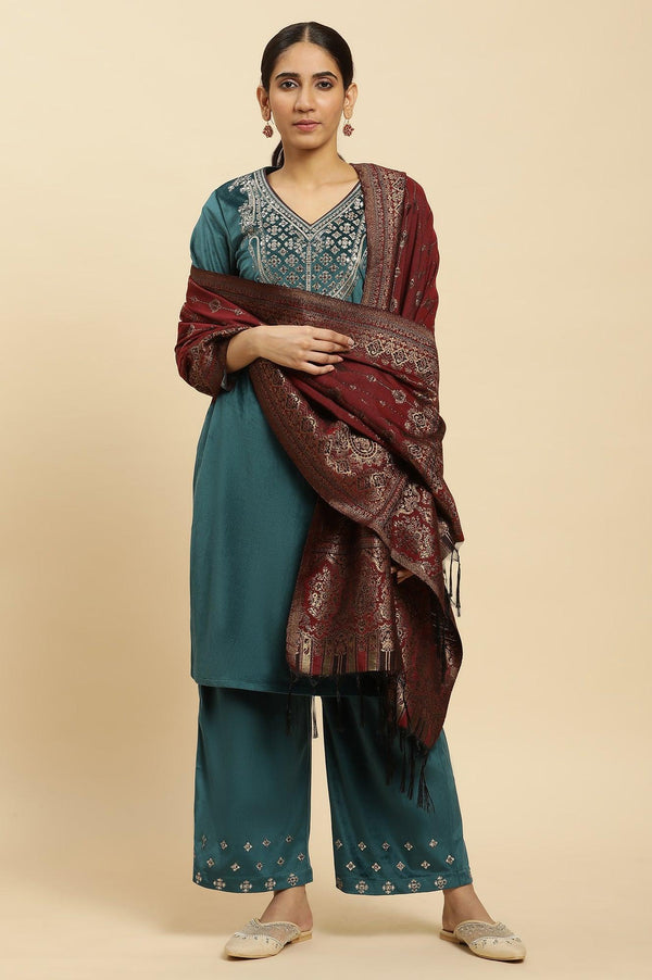 Blue Embroidered Velvet Winter Kurta, Pants And Shawl Set