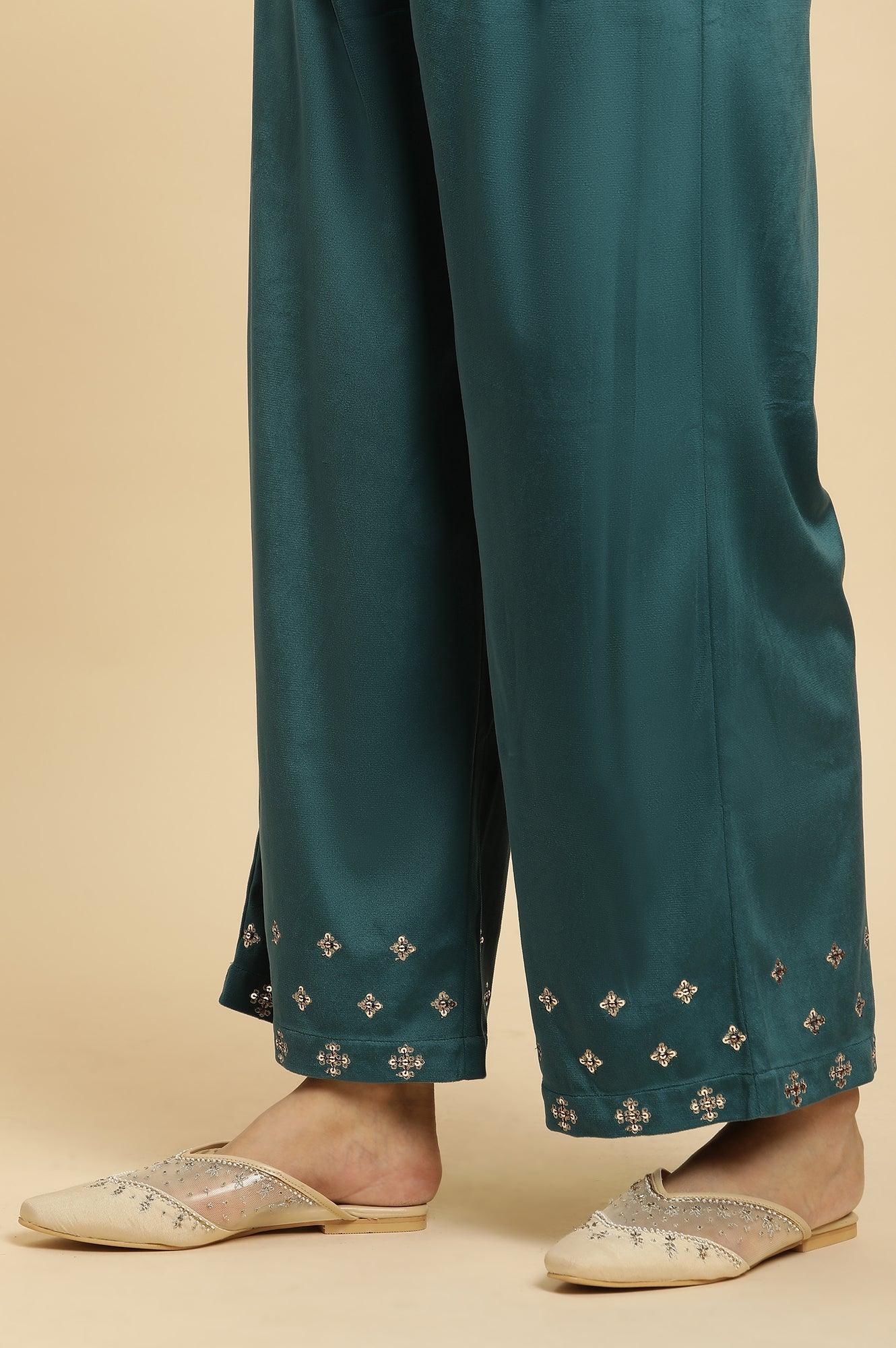 Blue Embroidered Velvet Winter Kurta, Pants And Shawl Set - wforwoman