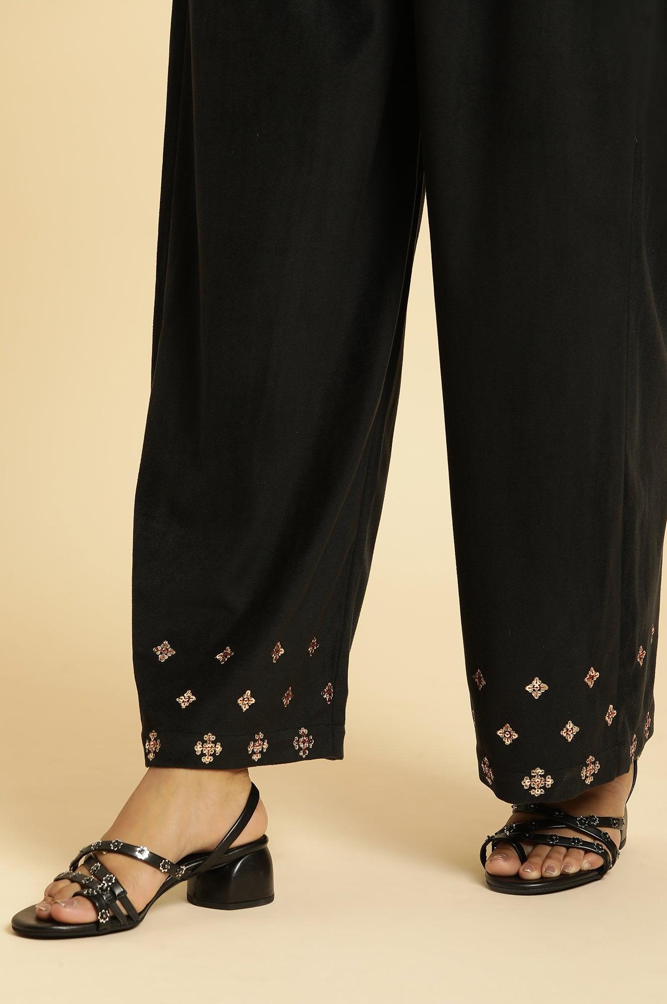 Black Embroidered Velvet Winter Kurta, Pants And Shawl Set - wforwoman