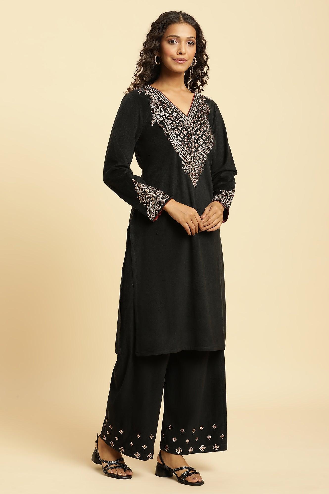 Black Embroidered Velvet Winter Kurta, Pants And Shawl Set - wforwoman