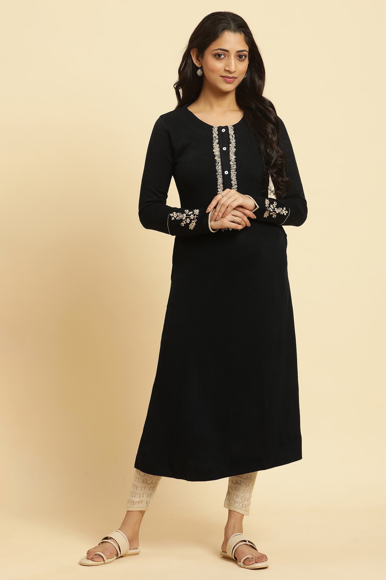 Black Embroidered Winter Kurta And Tights Set