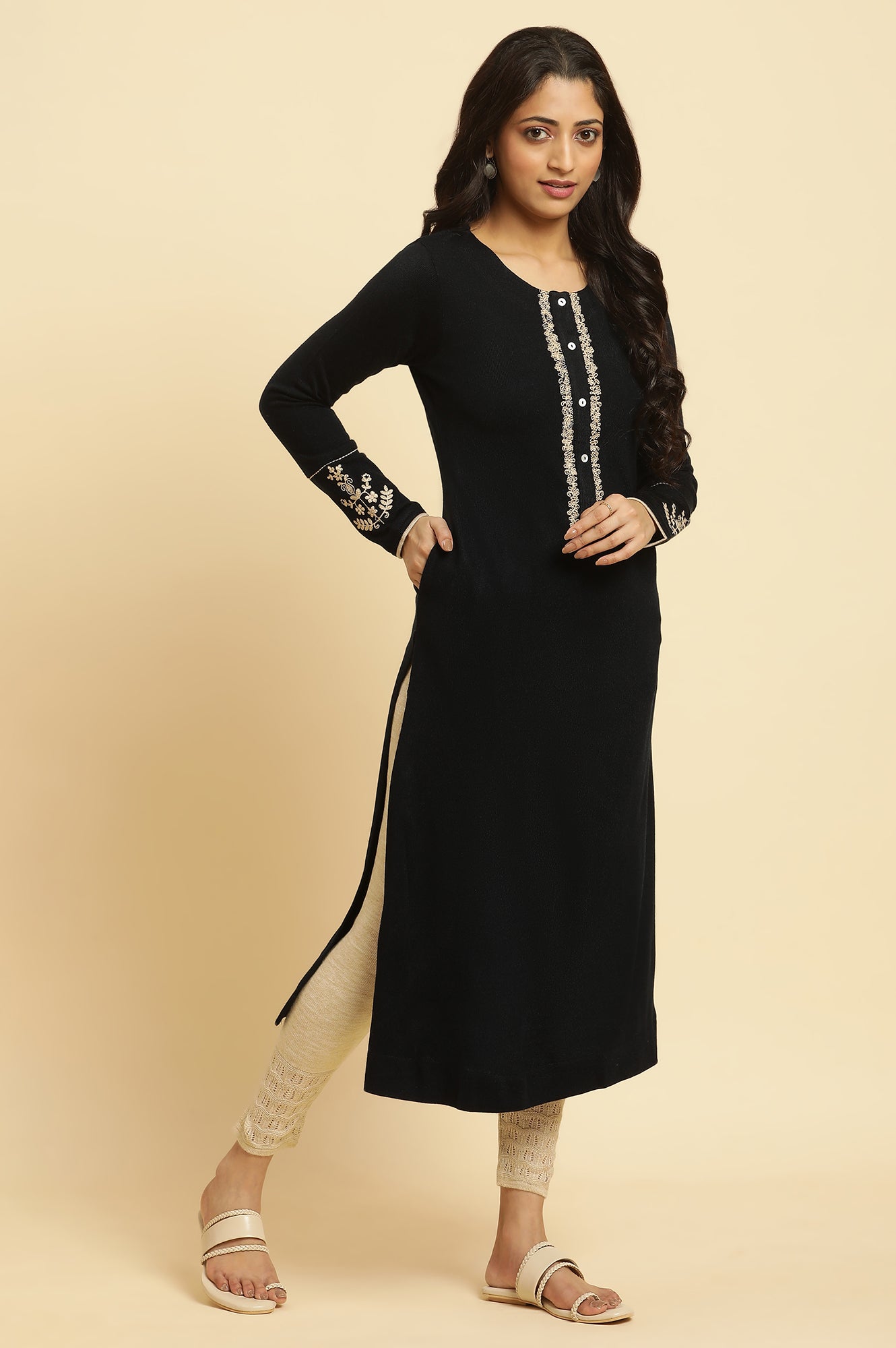 Black Embroidered Winter Kurta And Tights Set