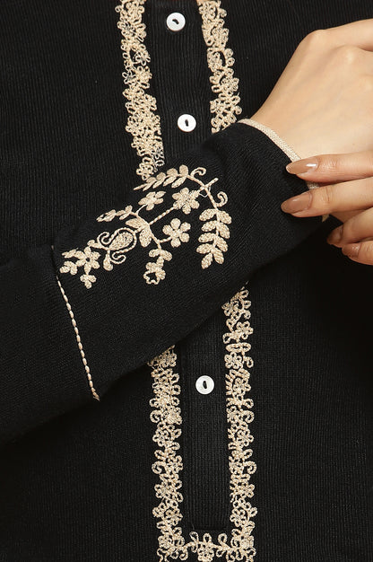 Black Embroidered Winter Kurta And Tights Set