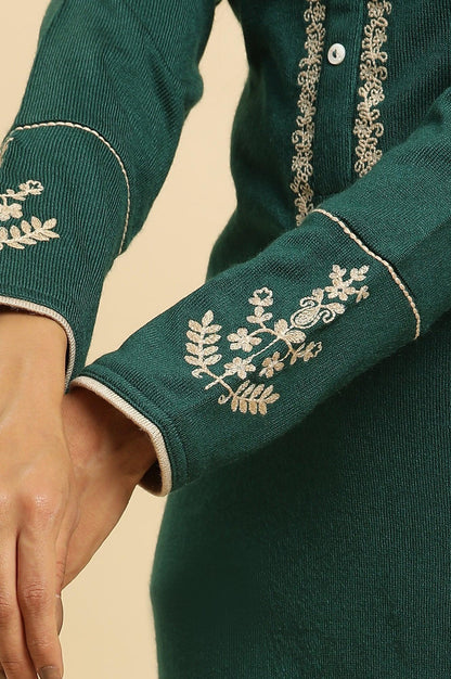 Emerald Green Embroidered Winter Kurta And Tights Set - wforwoman