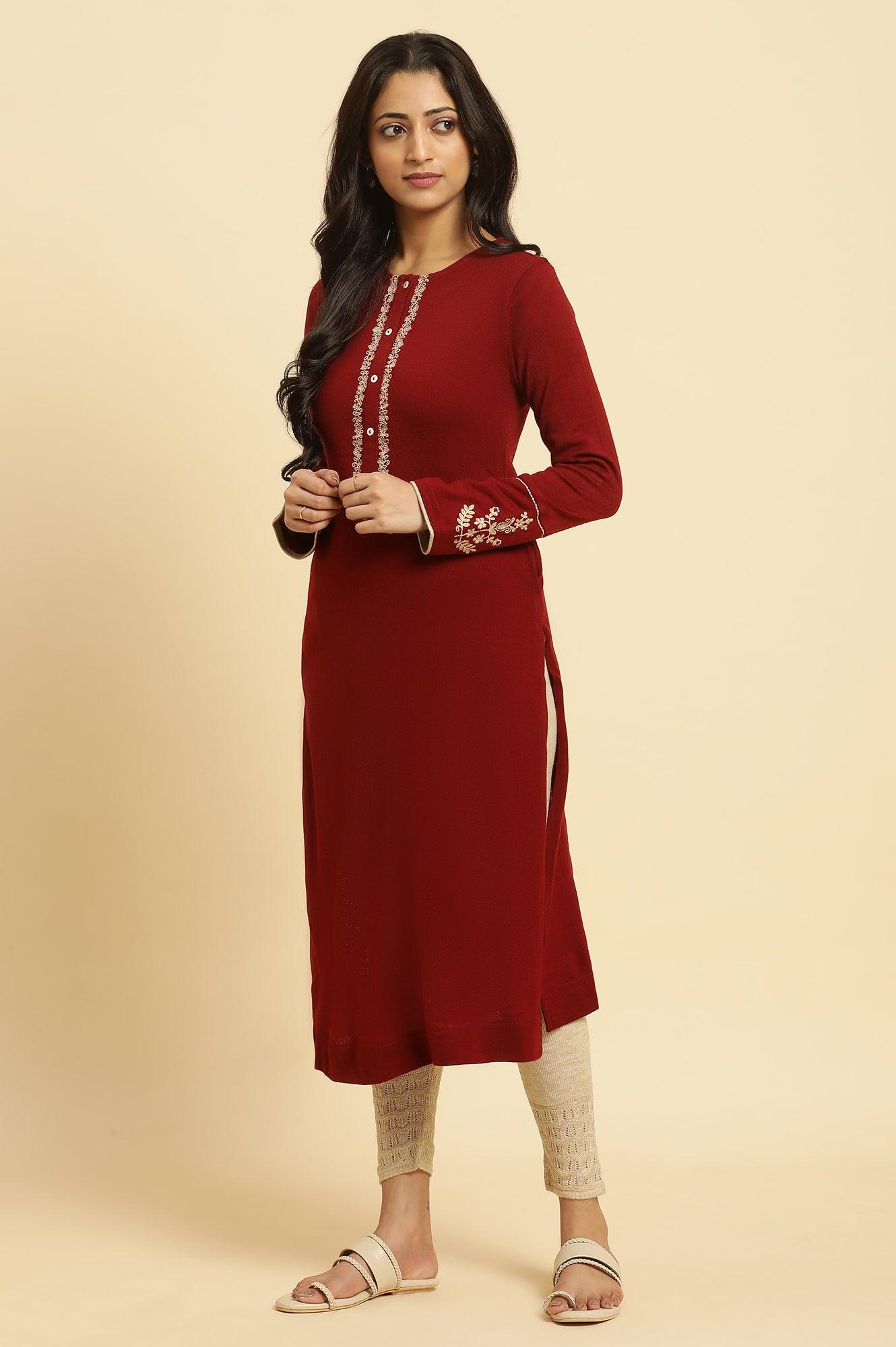 Red Embroidered Winter Kurta And Tights Set - wforwoman