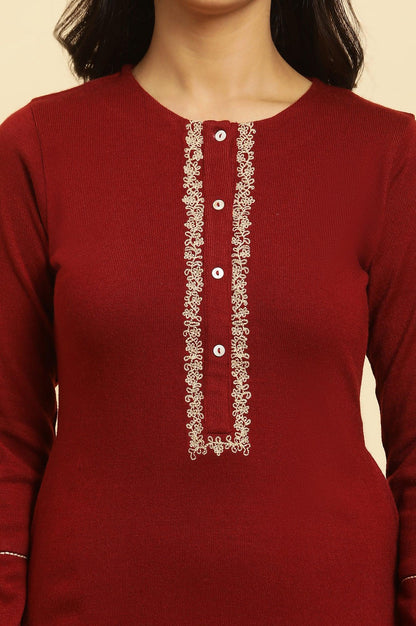 Red Embroidered Winter Kurta And Tights Set - wforwoman