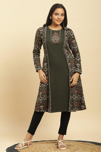 Green Jacquard Placement Winter Kurta And Tights Set - wforwoman