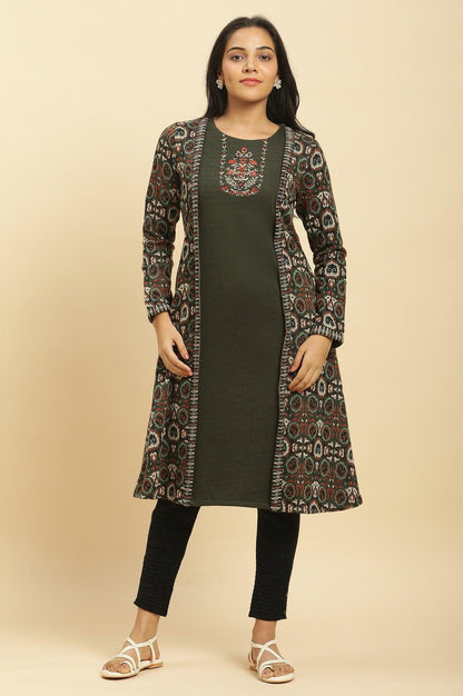 Green Jacquard Placement Winter Kurta And Tights Set - wforwoman