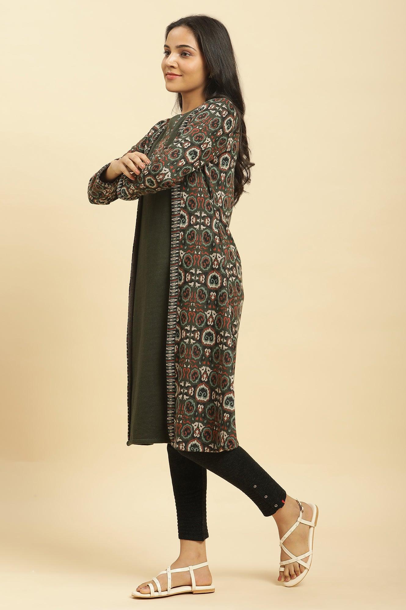 Green Jacquard Placement Winter Kurta And Tights Set - wforwoman