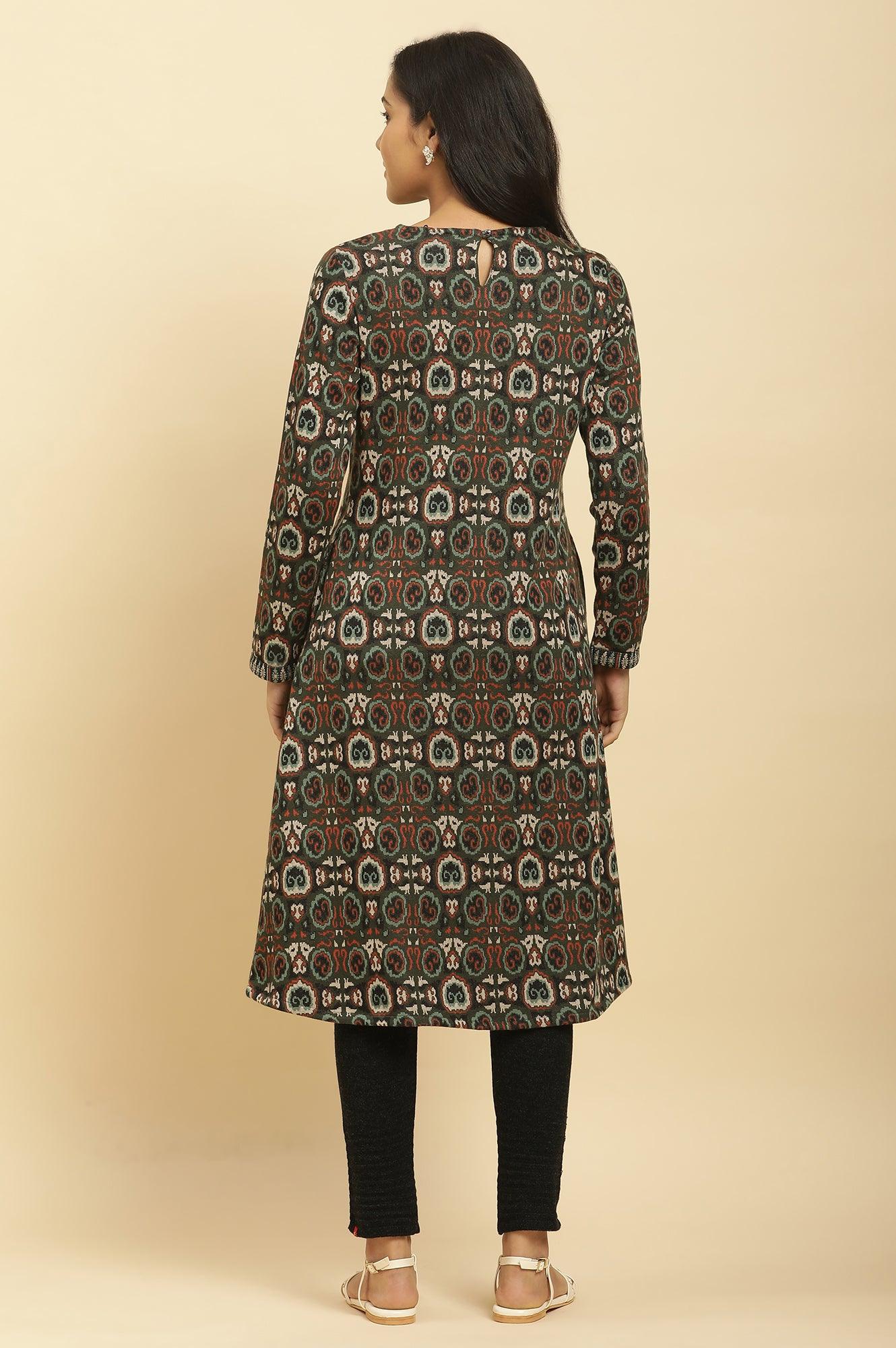 Green Jacquard Placement Winter Kurta And Tights Set - wforwoman