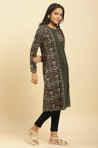 Green Jacquard Placement Winter Kurta And Tights Set - wforwoman