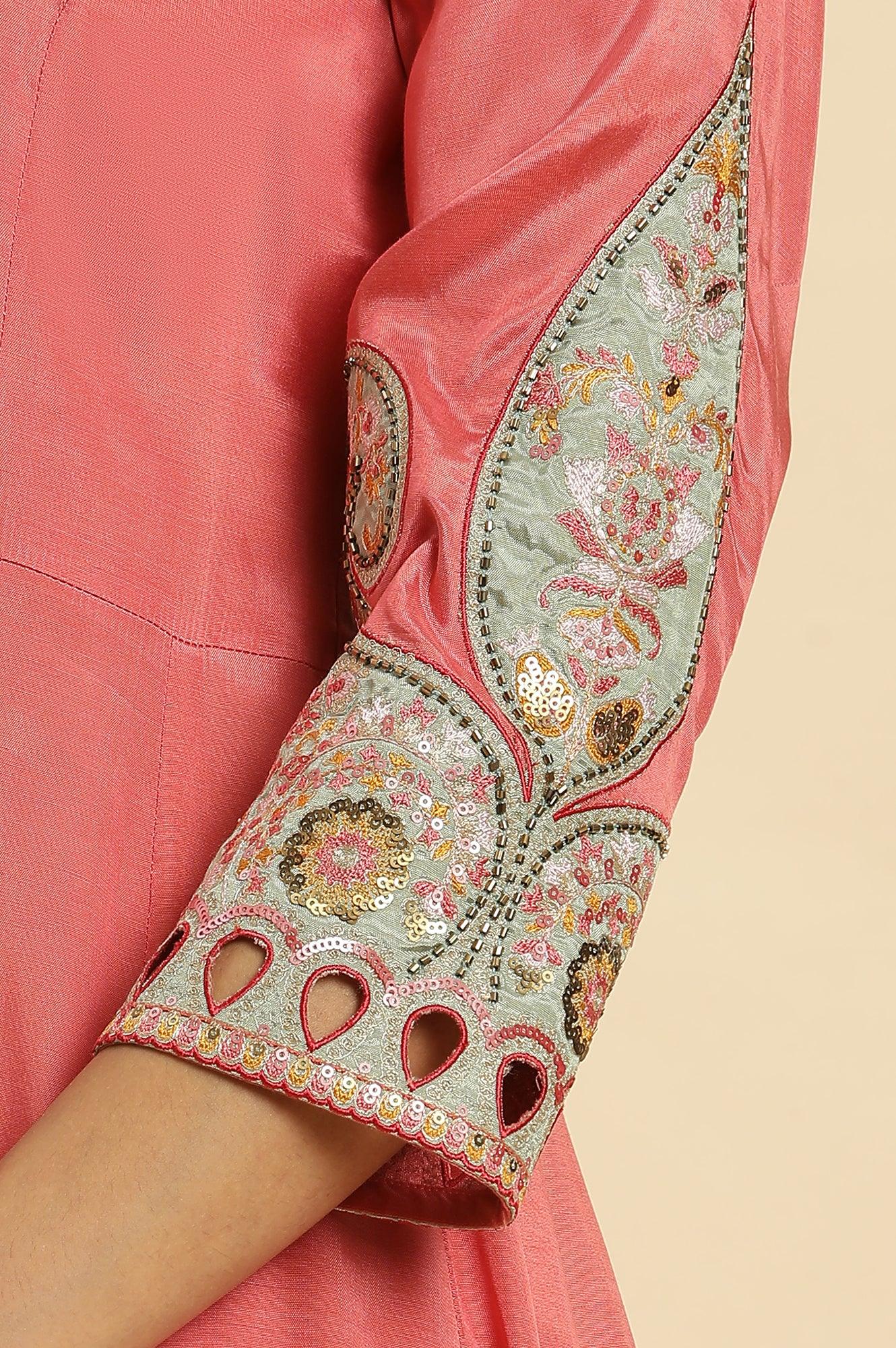 Pink Embroidered Anarkali Kurta, Pants &amp; Printed Dupatta Set - wforwoman