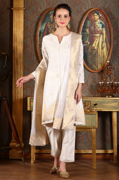 White Floral Gold Printed Thread Embroidered A-Line Kurta, Pants And Dupatta Set