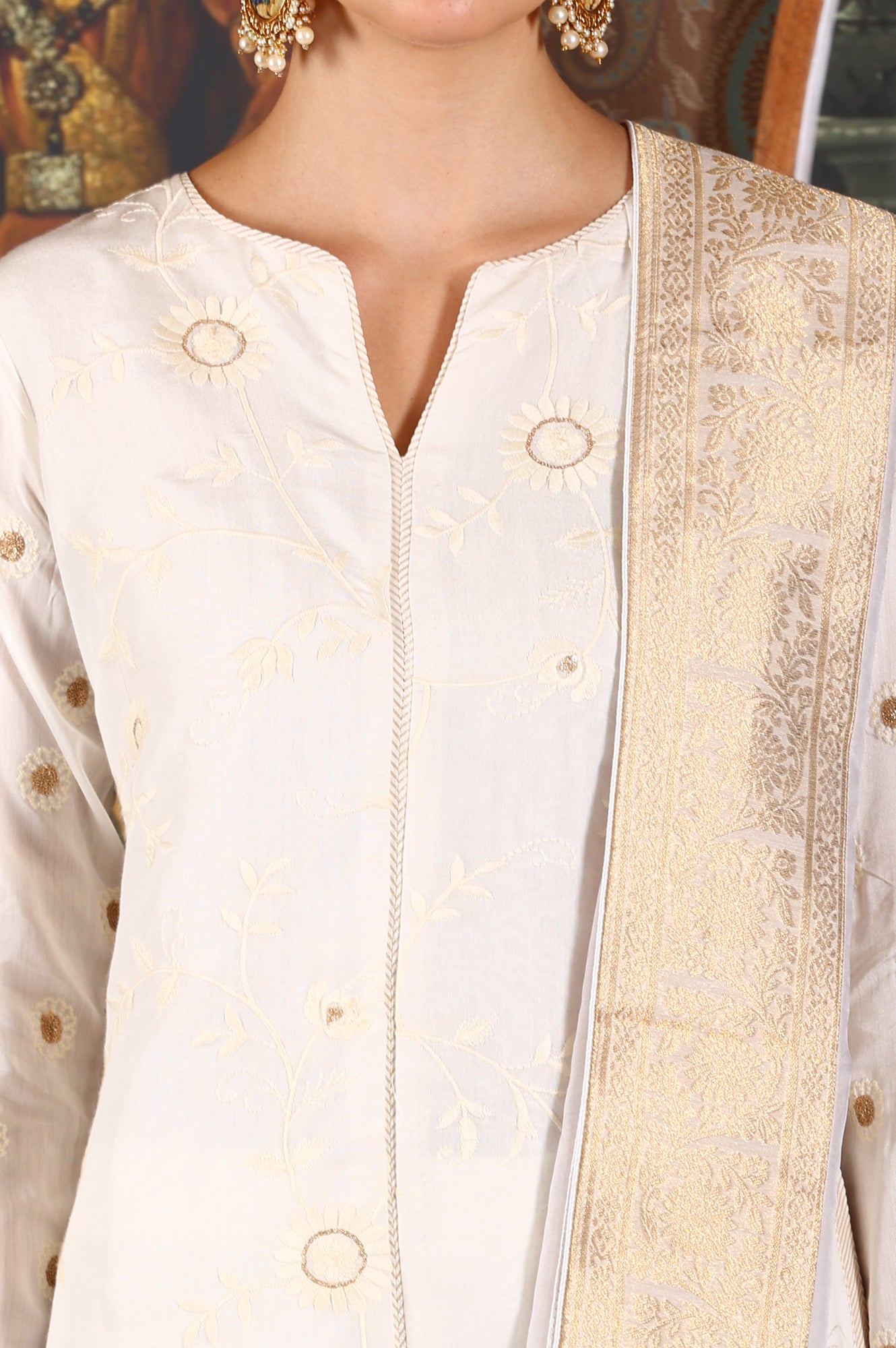 White Floral Gold Printed Thread Embroidered A-Line Kurta, Pants And Dupatta Set