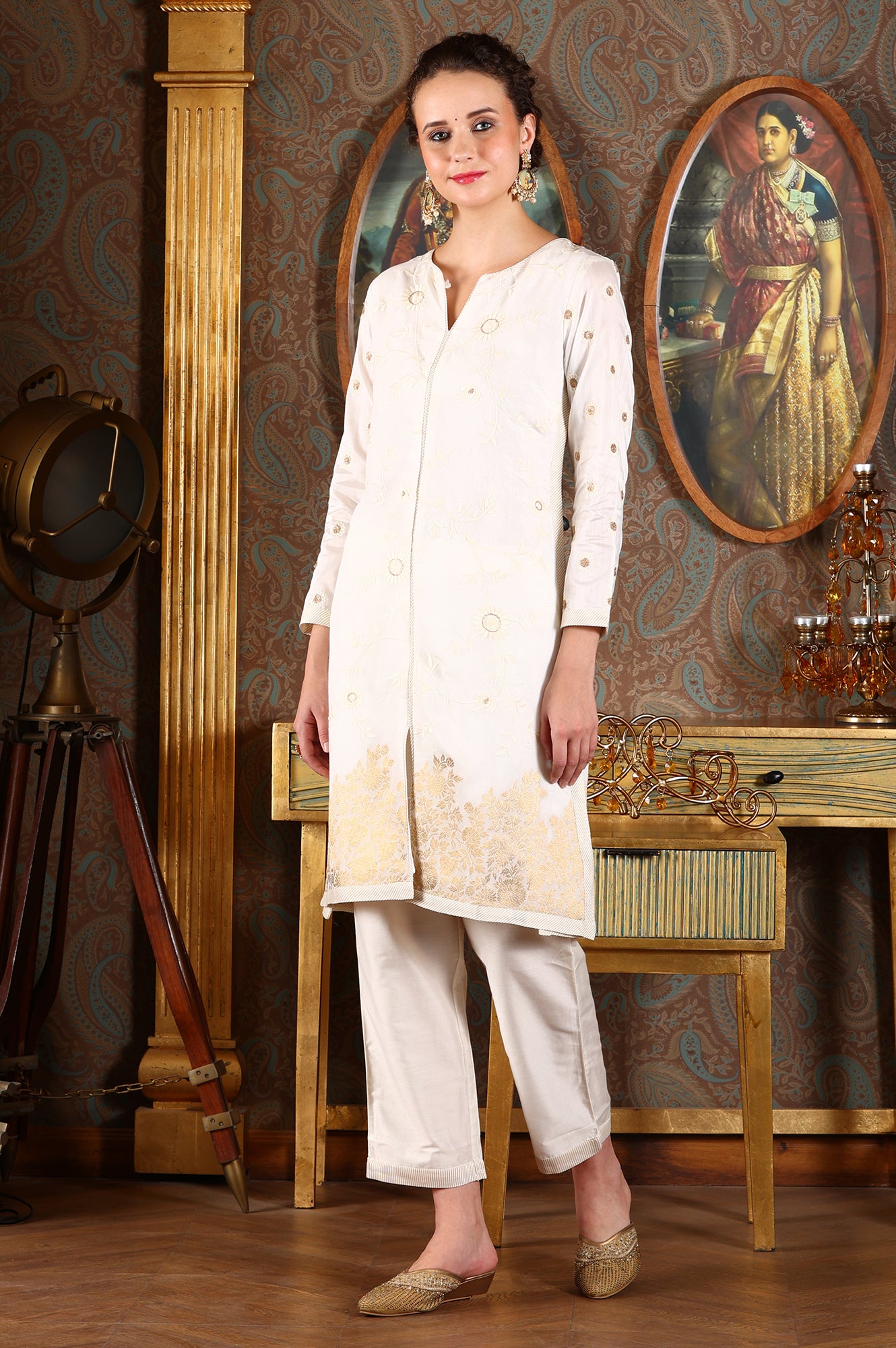 White Floral Gold Printed Thread Embroidered A-Line Kurta, Pants And Dupatta Set