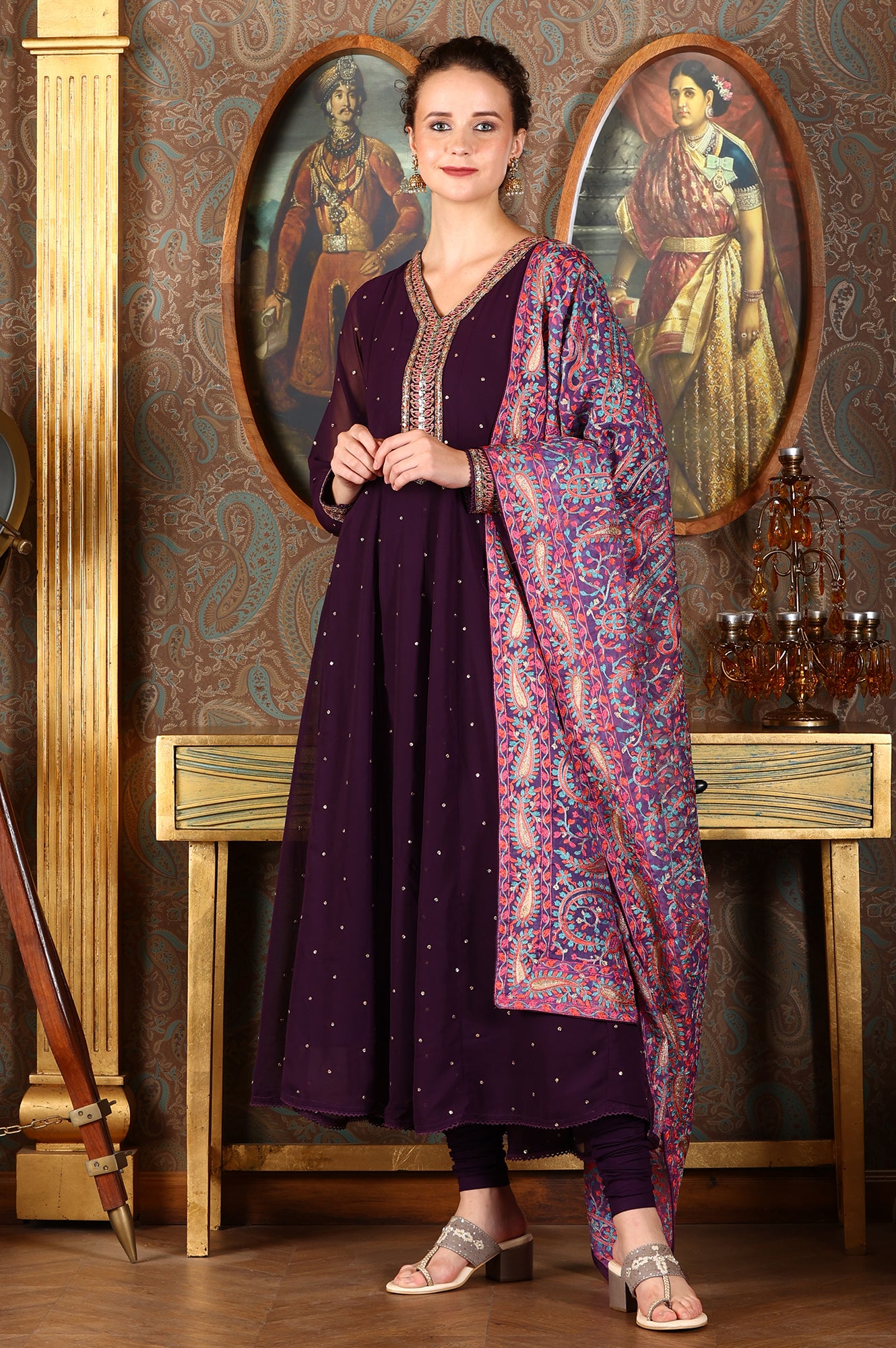 Purple Thread Embroidered Georgette Anarkali Kurta, Churidar And Dupatta Set