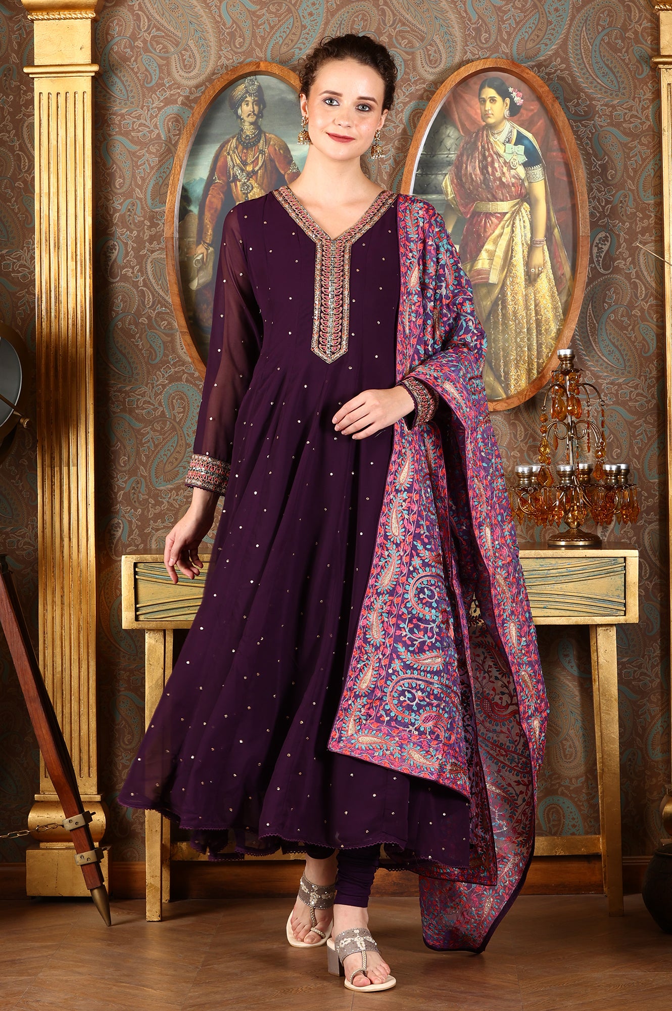 Purple Thread Embroidered Georgette Anarkali Kurta, Churidar And Dupatta Set