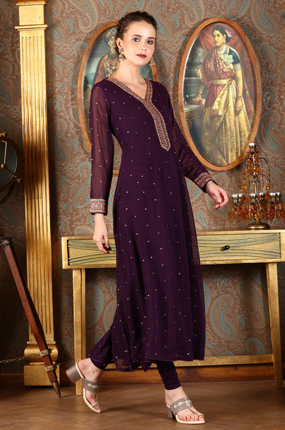 Purple Thread Embroidered Georgette Anarkali Kurta, Churidar And Dupatta Set