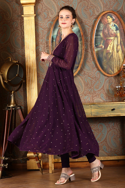 Purple Thread Embroidered Georgette Anarkali Kurta, Churidar And Dupatta Set