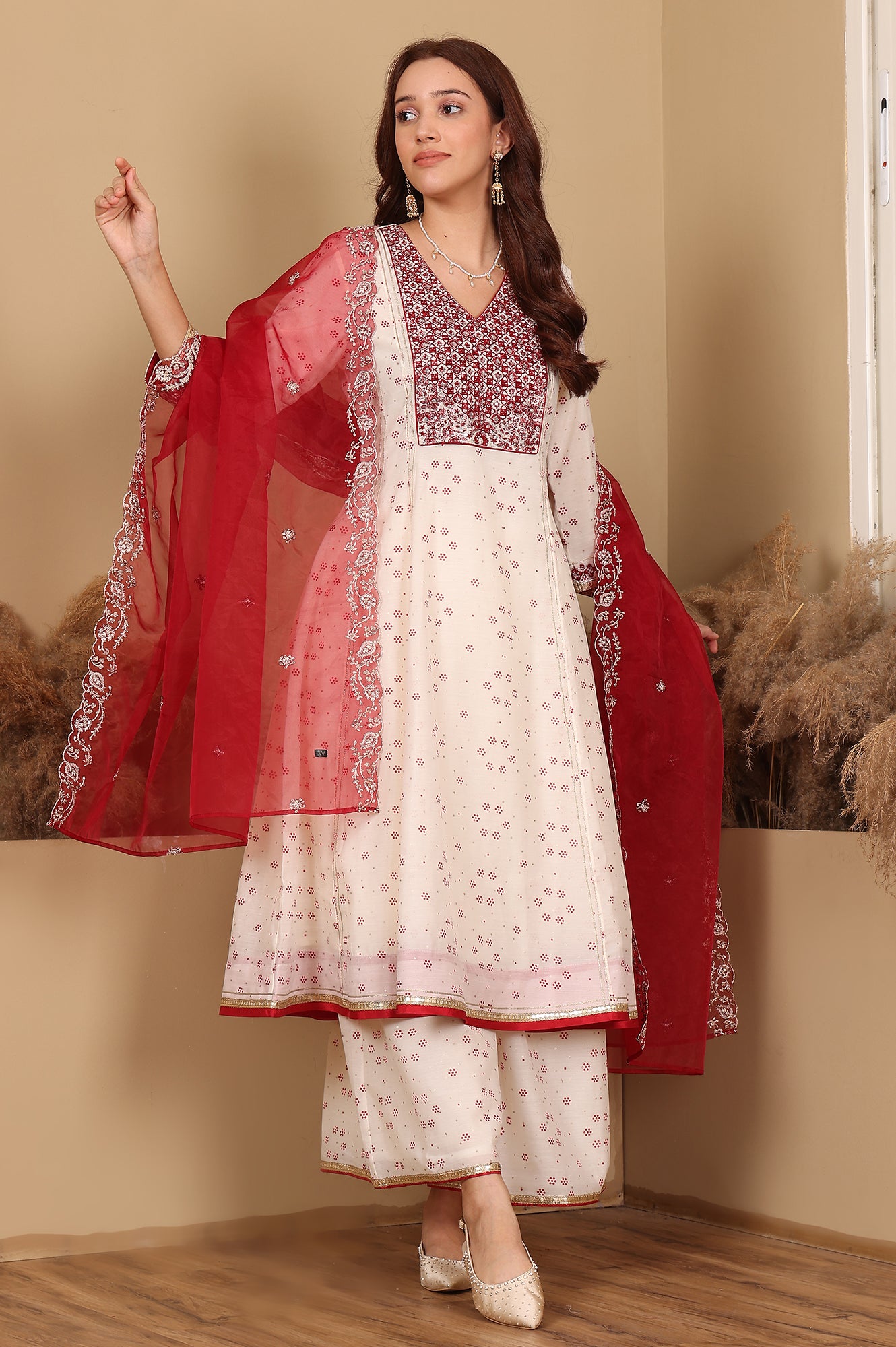 Whisper White Dot Printed Embroidered Chanderi Anarkali Kurta, Flared Pants And Dupatta Set - wforwoman