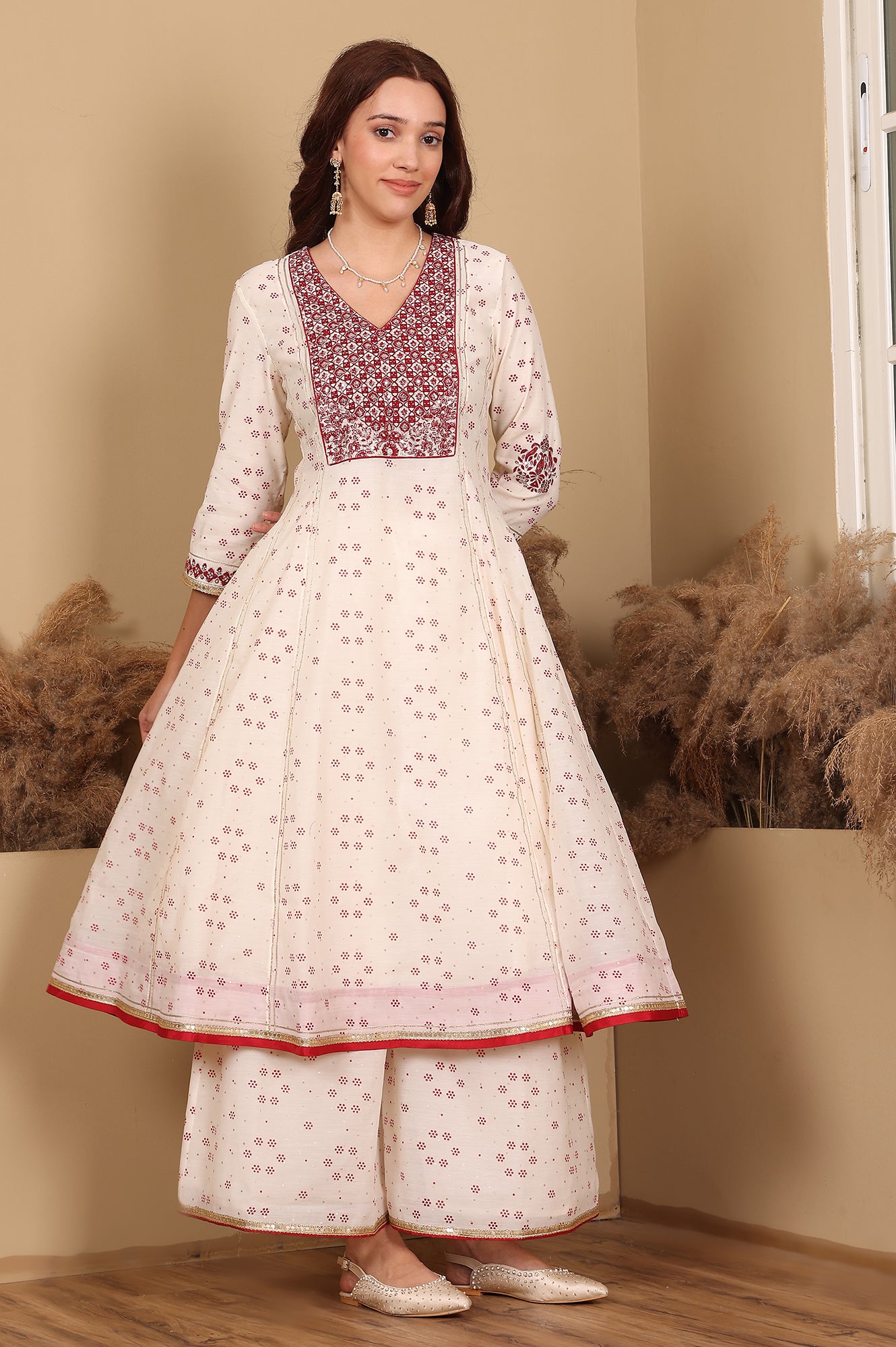 Whisper White Dot Printed Embroidered Chanderi Anarkali Kurta, Flared Pants And Dupatta Set - wforwoman