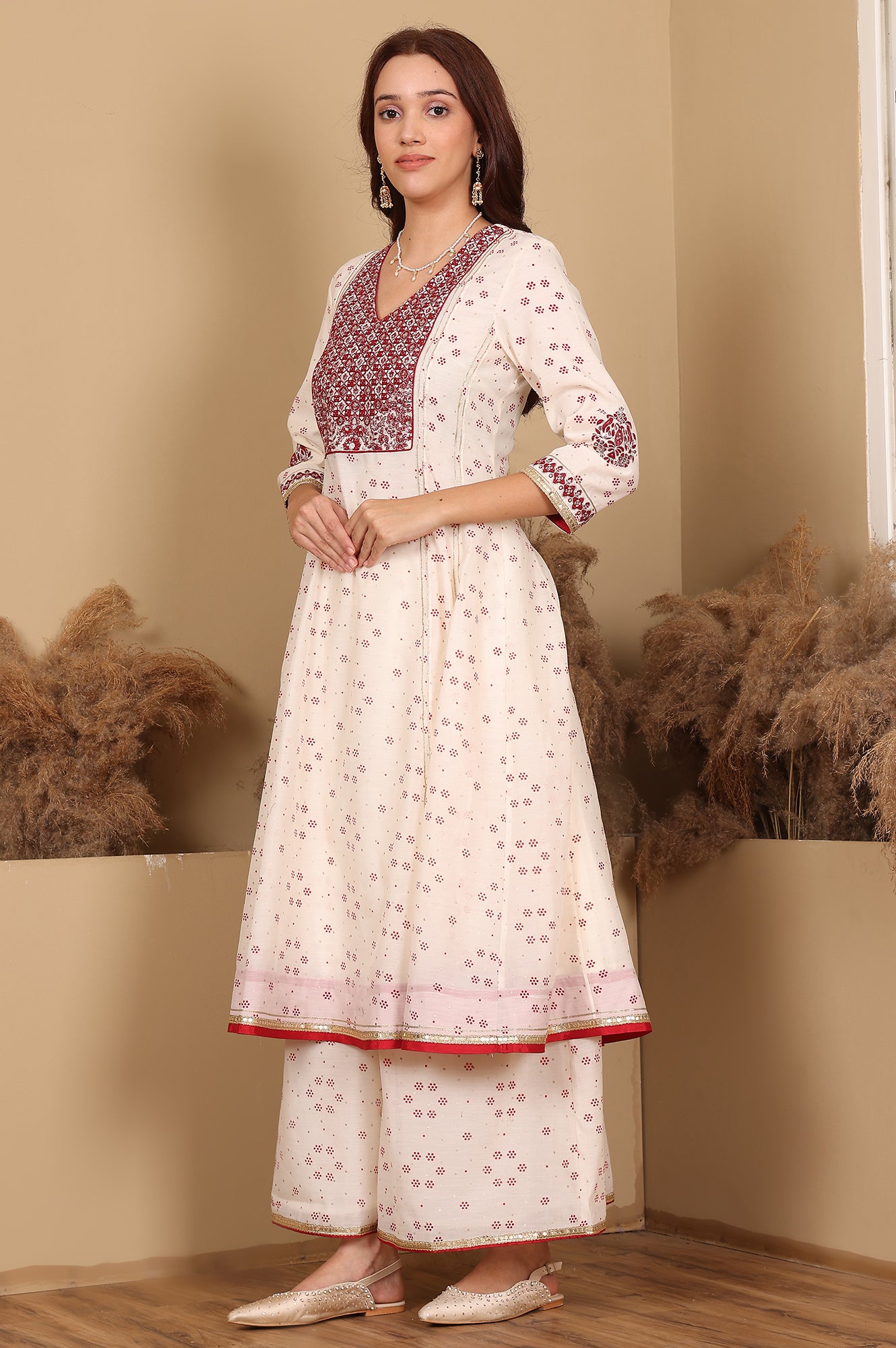 Whisper White Dot Printed Embroidered Chanderi Anarkali Kurta, Flared Pants And Dupatta Set - wforwoman