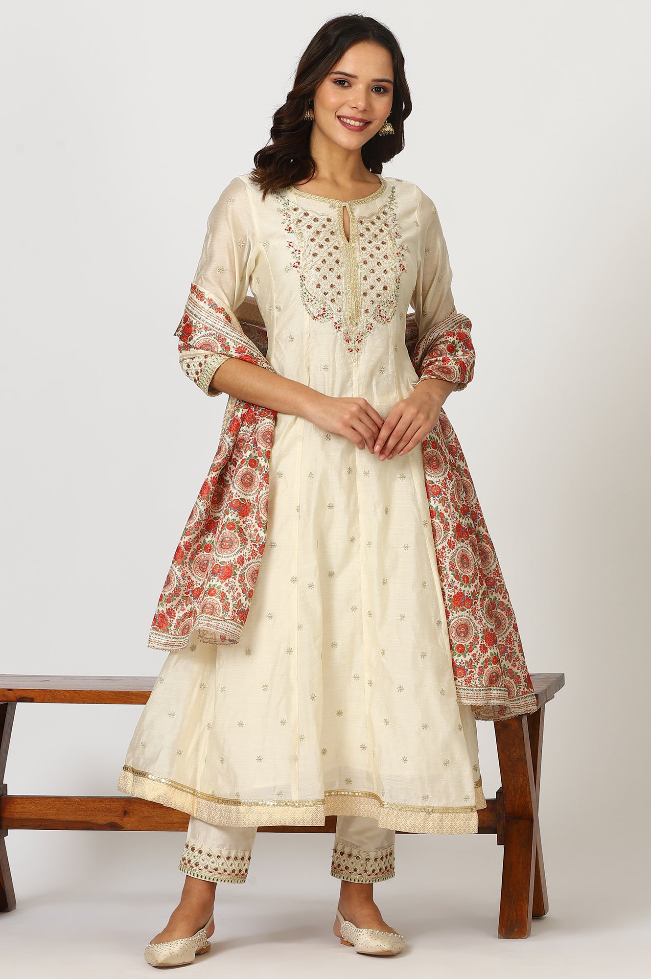 Off-White Dori Embroidered Flared Kurta, Pants and Jacquard Dupatta