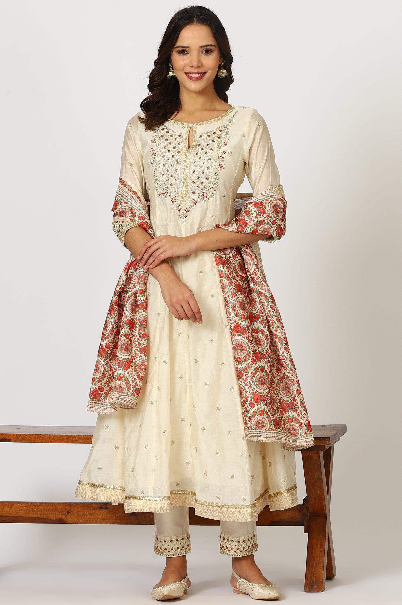 Off-White Dori Embroidered Flared Kurta, Pants and Jacquard Dupatta